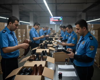 Turkish customs inspecting imported footwear parcels
