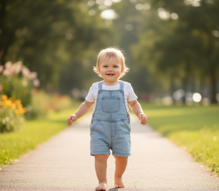 Toddler walking confidently with arms close to body, feet pointing straight, head up
