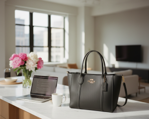 Black Coach Brooklyn leather tote styled on a marble kitchen island with coffee and peonies in soft natural light.