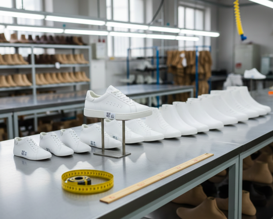 Row of graded shoe lasts from size 36 to 46 on a factory workbench