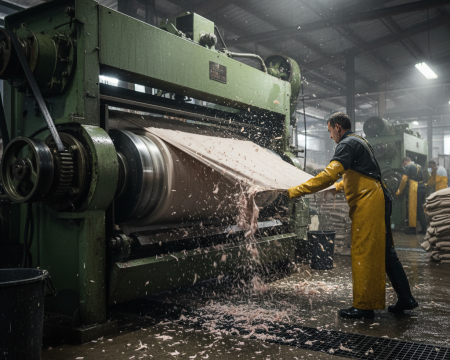 Fleshing cleans underside in leather manufacturing