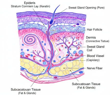 Histological cross-section of plantar skin showing thick epidermis, dermis with coiled sweat glands, and subcutaneous fat