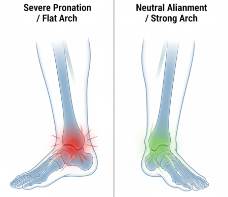 Left - severe pronation with weak arch; Right - healthy neutral alignment