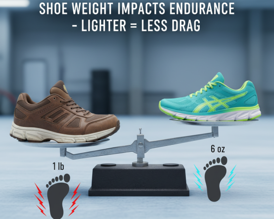Balanced scale with bulky old shoe (1 lb) vs. sleek modern shoe (6 oz), showing reduced stress on the lighter side.