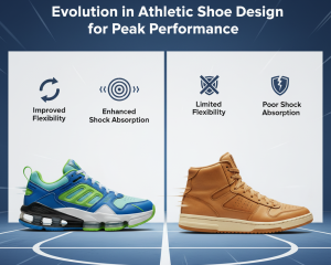 Side-by-side vector graphic of low-cut modern shoes vs. stiff high-tops, with icons for flexibility and shock absorption.