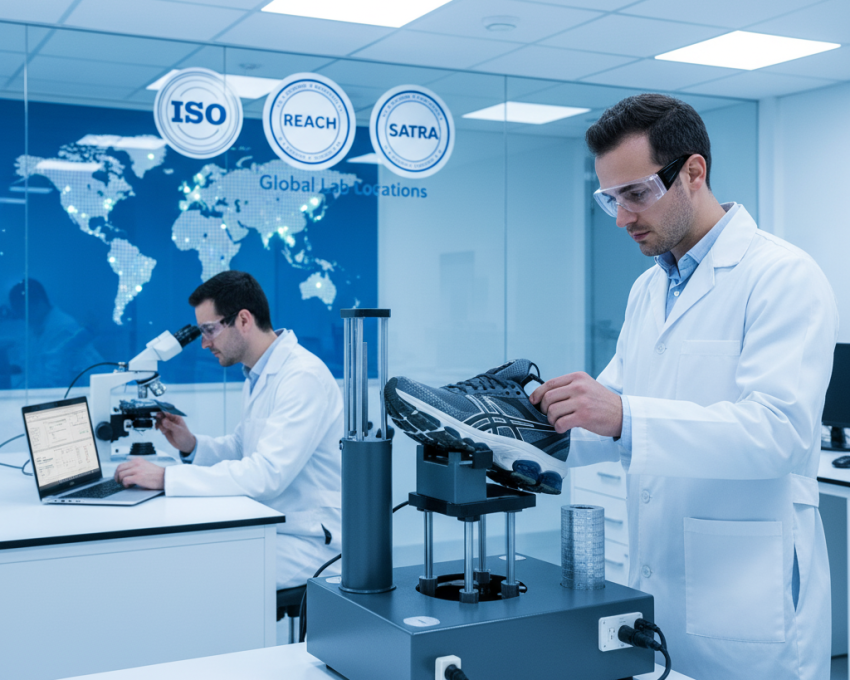 Scientists in global lab testing facilities for footwear and leather conducting ISO-compliant durability and chemical tests.