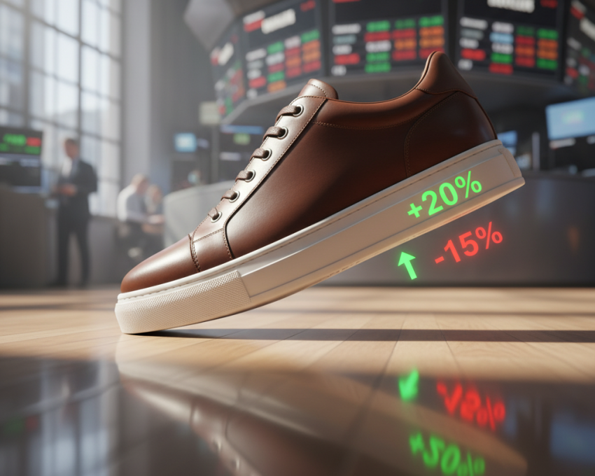 Footwear & Leather Stock Pulse: Realistic sneaker on trading floor with weekly performance arrows