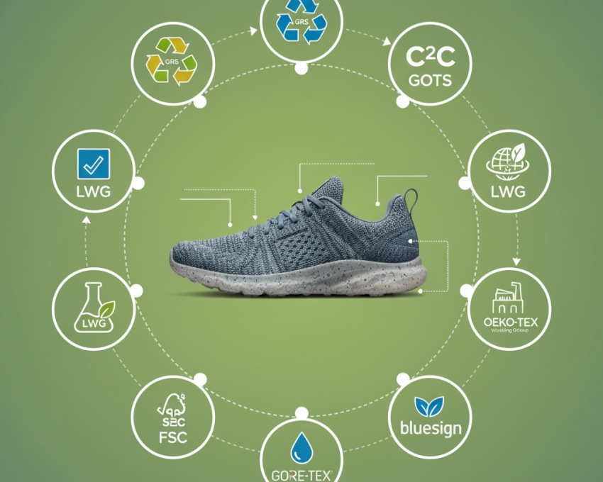 Infographic of key sustainability certifications and eco-labels in fashion materials.