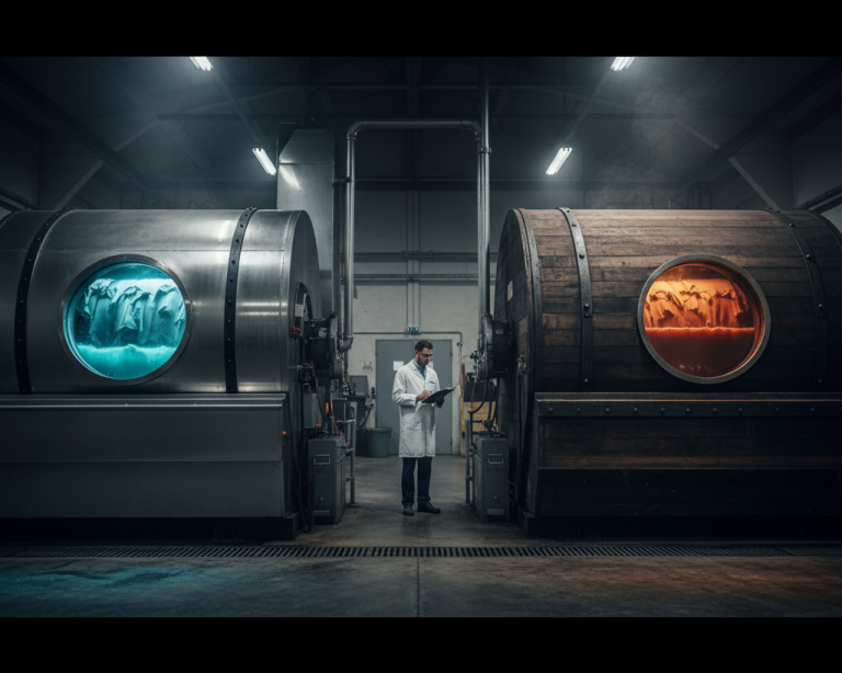 Leather tannery with chrome and vegetable tanning drums