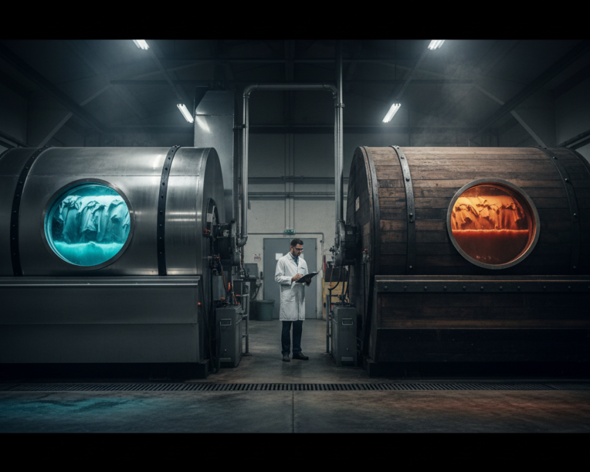 Leather tannery with chrome and vegetable tanning drums