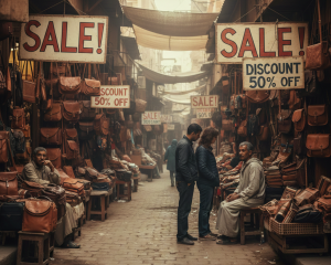 Egyptian leather market with empty stalls and visible "Sale" signs, reflecting sales contraction and economic challenges.