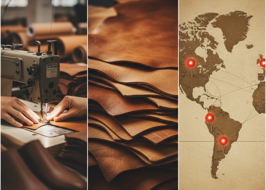 Collage of global footwear production and leather inspection across continents.