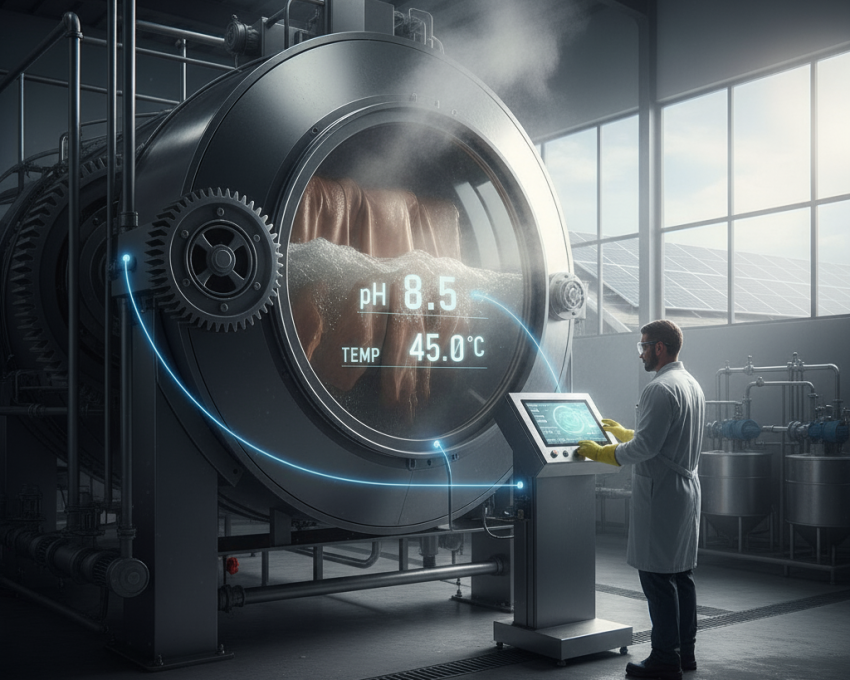 Hides in drum during leather tanning preparation