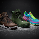 Three diverse shoes (premium sneaker, rugged boot, neon running shoe) artfully arranged on a dark, snowy surface with dynamic lighting.