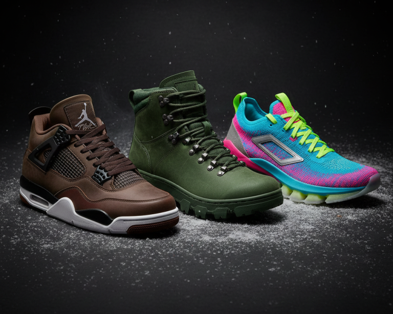 Three diverse shoes (premium sneaker, rugged boot, neon running shoe) artfully arranged on a dark, snowy surface with dynamic lighting.