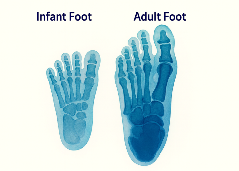 Side-by-side X-ray comparison of flexible infant foot (age 1) and structured adult foot showing bone development and arch formation