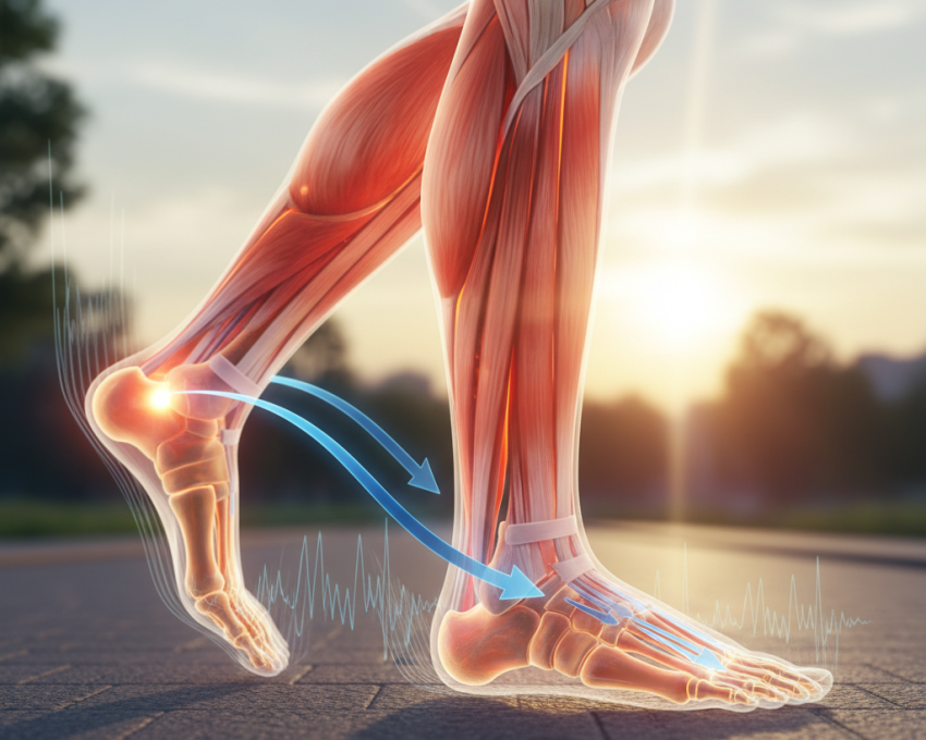 A realistic 3D render of a human foot during walking stride, showing transparent bones, muscle activations, and weight stress paths in glowing colors against a dawn urban background.