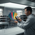 Footwear quality control specialist examining colored material swatches under a daylight simulator in a factory setting