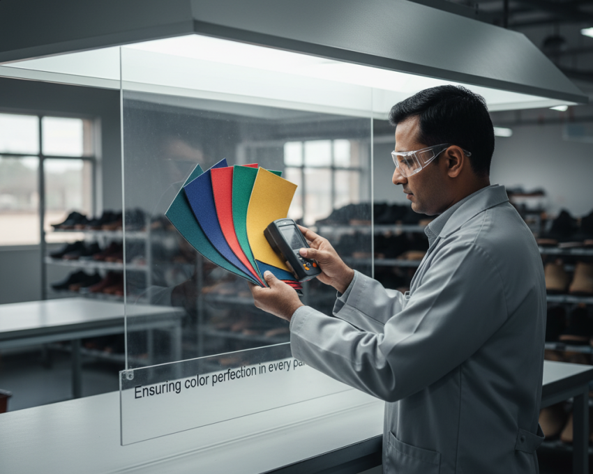 Footwear quality control specialist examining colored material swatches under a daylight simulator in a factory setting