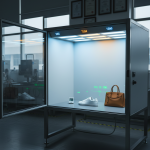 Professional color matching light booth in footwear factory displaying D65 at 1350 lux, TL84, F/A and UV modes