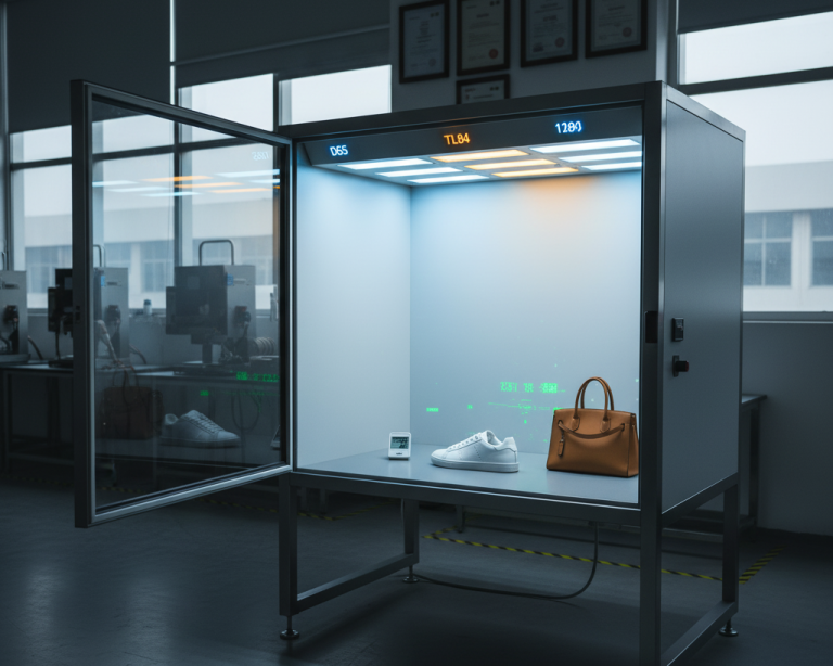 Professional color matching light booth in footwear factory displaying D65 at 1350 lux, TL84, F/A and UV modes