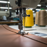 Real factory close-up of industrial sewing machine stitching leather shoe upper with bonded nylon thread