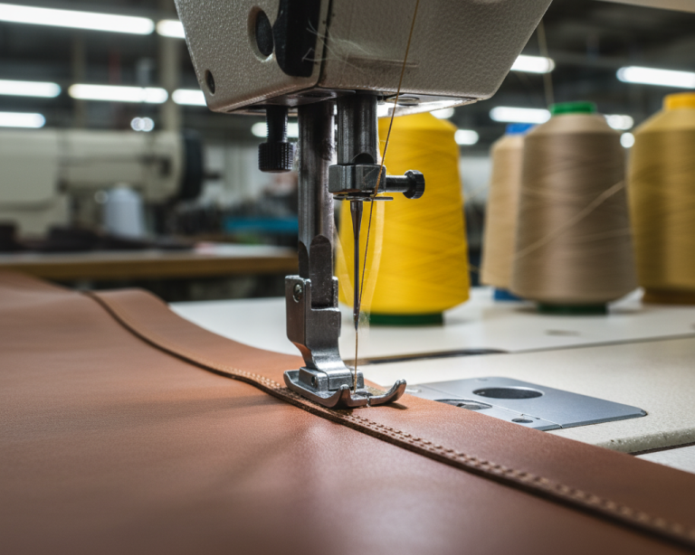 Real factory close-up of industrial sewing machine stitching leather shoe upper with bonded nylon thread