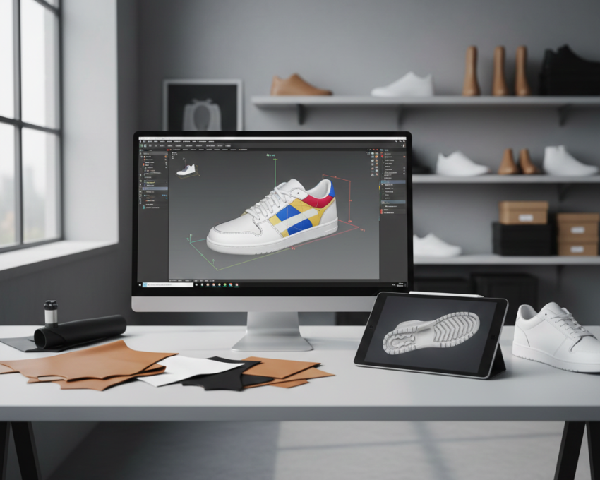 Professional footwear design studio using CAD software for pattern making and outsole design