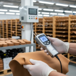 Technician testing leather moisture with meter in footwear production line