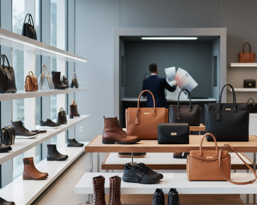 Luxury leather boots and bags displayed under perfect D65 daylight with Pantone TCX guides – the gold standard of color consistency in footwear
