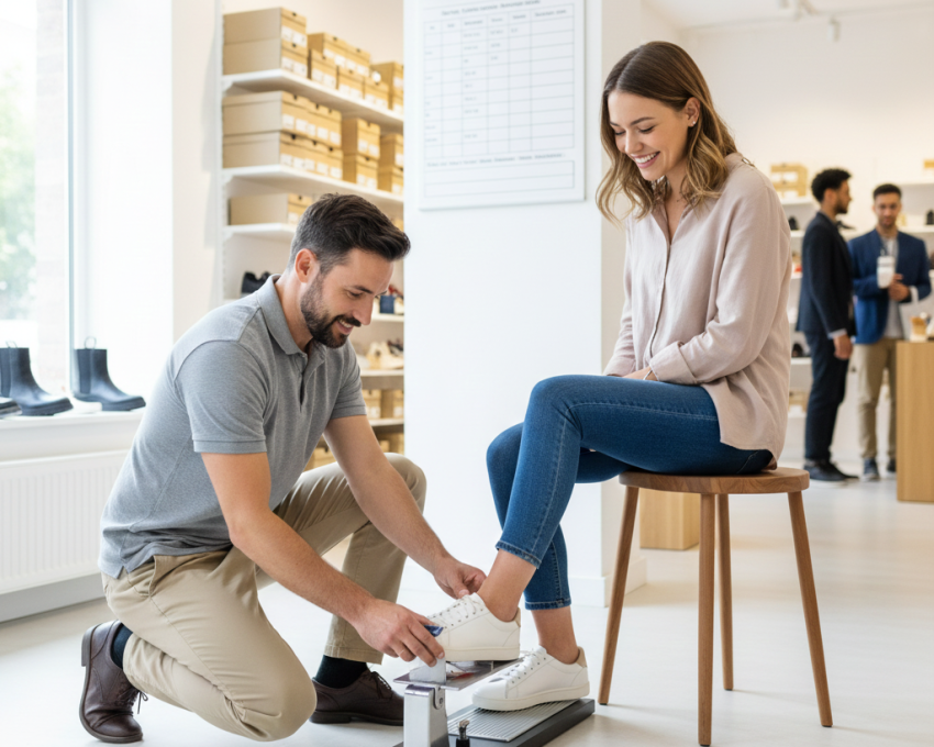 Professional shoe fitter measuring customer foot with Brannock device