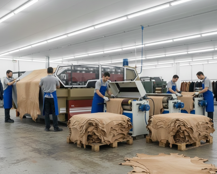 Array of leather finishing machinery in action