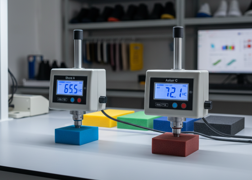 Shore and Asker durometers testing footwear materials