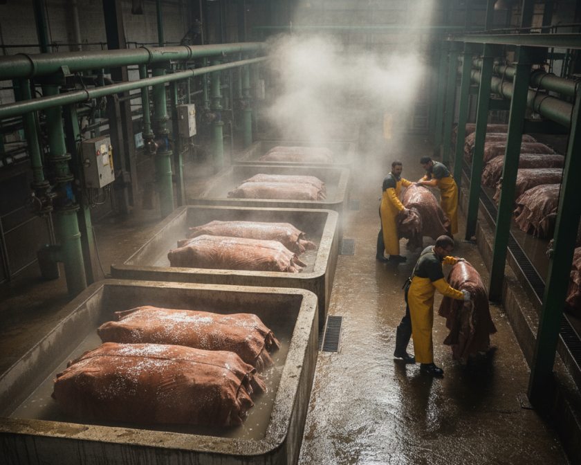 Featured image of raw hides in the leather manufacturing process at a tannery.