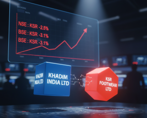 Graphic showing a company demerging, with a smaller entity (KSR Footwear) listing on a stock exchange with a hint of weak trading.