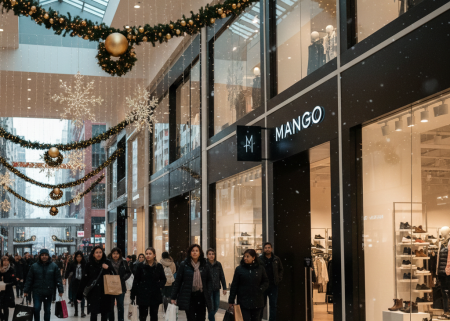 A vibrant Mango storefront in a busy Chicago shopping mall during the December holiday season with shoppers carrying high-end footwear bags.