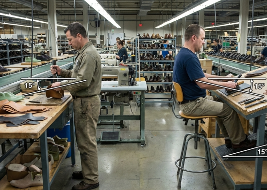 Correct arm and foot angles for footwear factory ergonomics