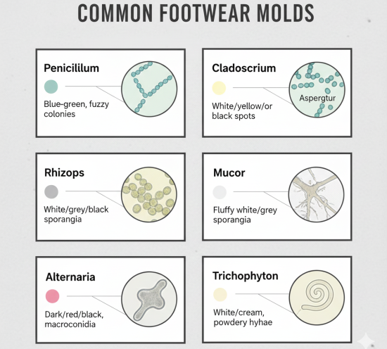 Identification chart of 8 mold species commonly found on shoes and leather goods
