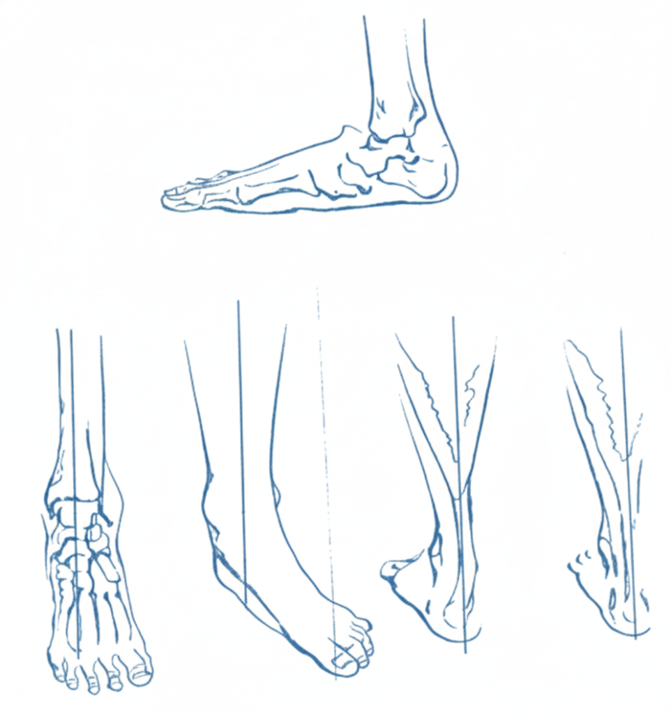 Top pe planus or "normal" flatfoot. Botto left, pes planus front view. Right, pronation showing outcurve. Heel Tendon and bone. and at right is straight line tendon normal foot