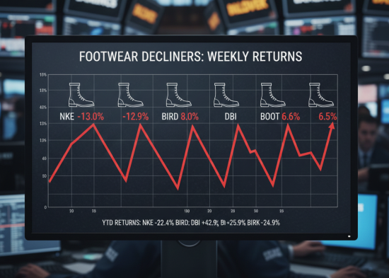 Downward red trends with leather boot icons for losers, line graph, 7:5 aspect ratio