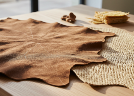 Eco-friendly leather tanning process with green energy symbols, recycled materials in footwear design, bright and optimistic illustration.