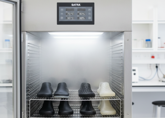 SATRA TM361 accelerated ageing chamber with rubber, TPU and TPR outsole samples under test