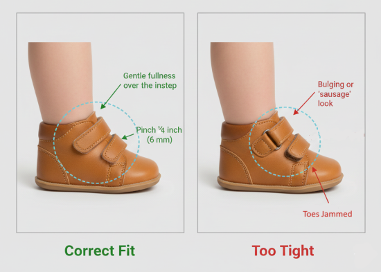 Correct vs too-tight throat fit in baby shoes