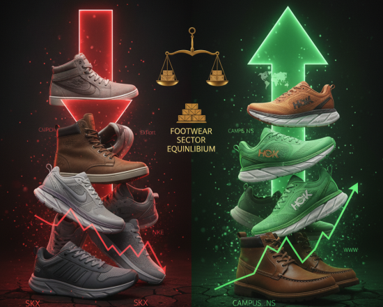 Footwear stocks split collage: Gainers like Deckers Hoka, Campus Activewear, Wolverine vs. losers Skechers and Nike – Nov 24-28 2025