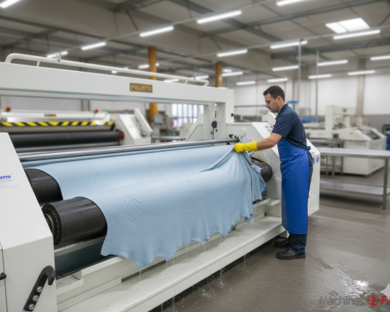 Operator feeding wet blue hide into through-feed setting and samming machine