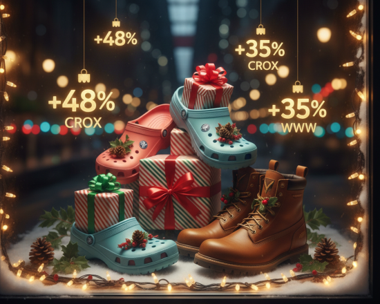 Holiday-themed display of mixed YTD footwear stock performances