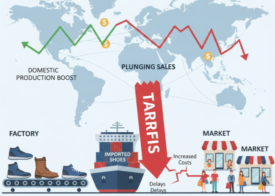 Collage of major footwear brand logos on stock exchange floor, 7:5 aspect ratio
