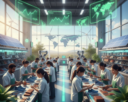 Futuristic factory assembling sustainable leather footwear with overlaid stock performance holograms.