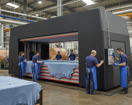 Wet blue hides stretched on vacuum drying tables in tannery drying room