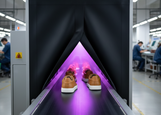 UV-C disinfection tunnel on footwear assembly line